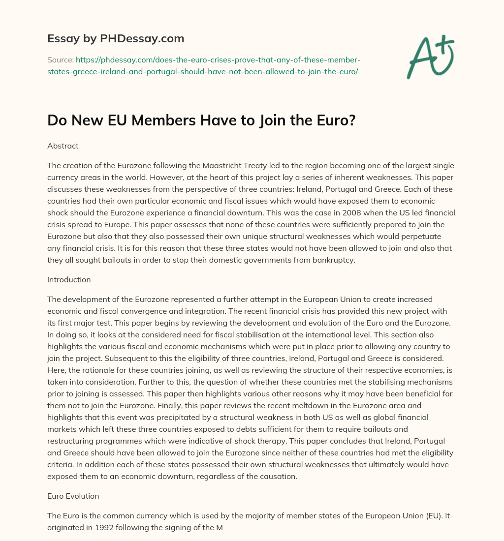Do New EU Members Have to Join the Euro? essay