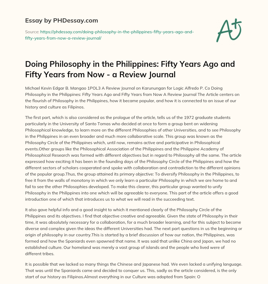 Doing Philosophy in the Philippines: Fifty Years Ago and Fifty Years from Now – a Review Journal essay