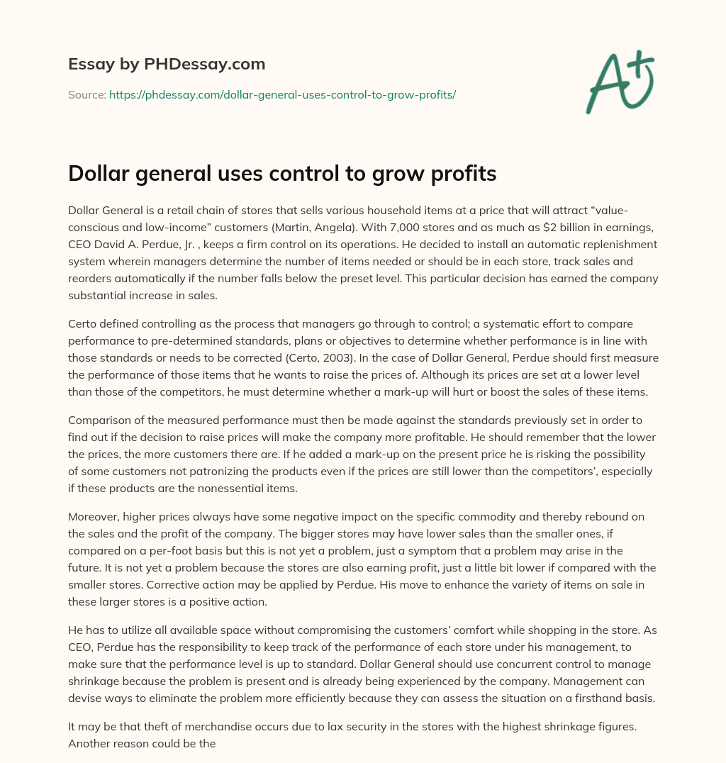 Dollar general uses control to grow profits essay