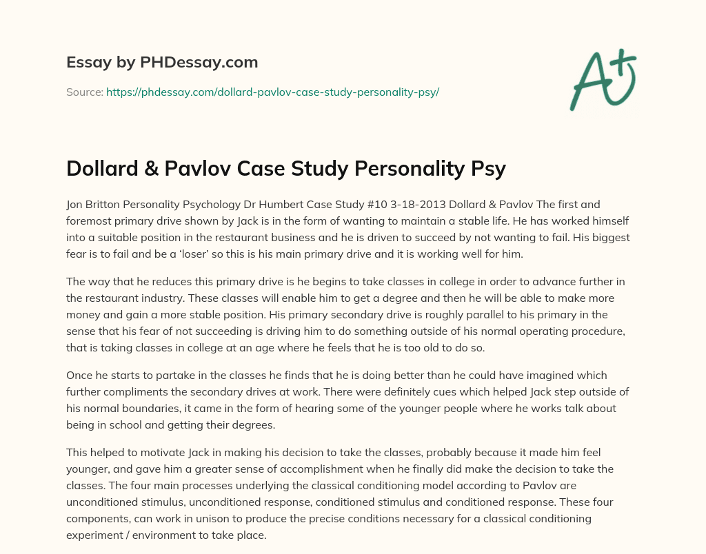 Dollard & Pavlov Case Study Personality Psy essay