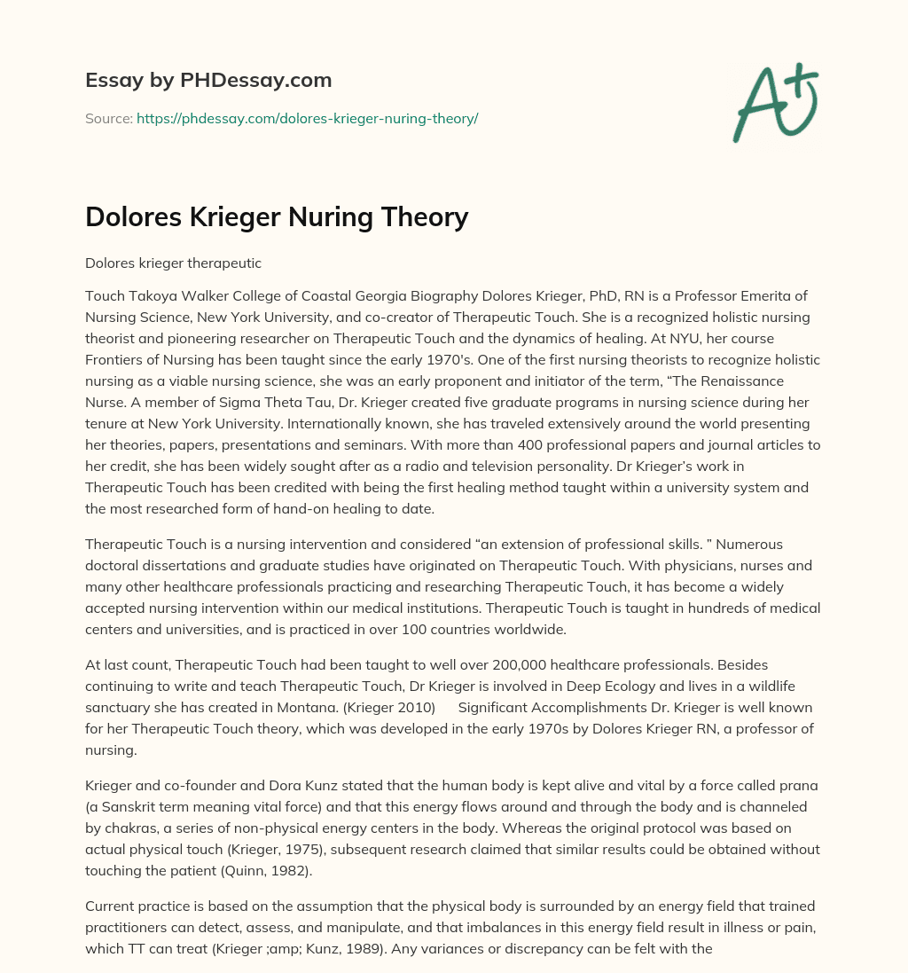 Dolores Krieger Nuring Theory essay