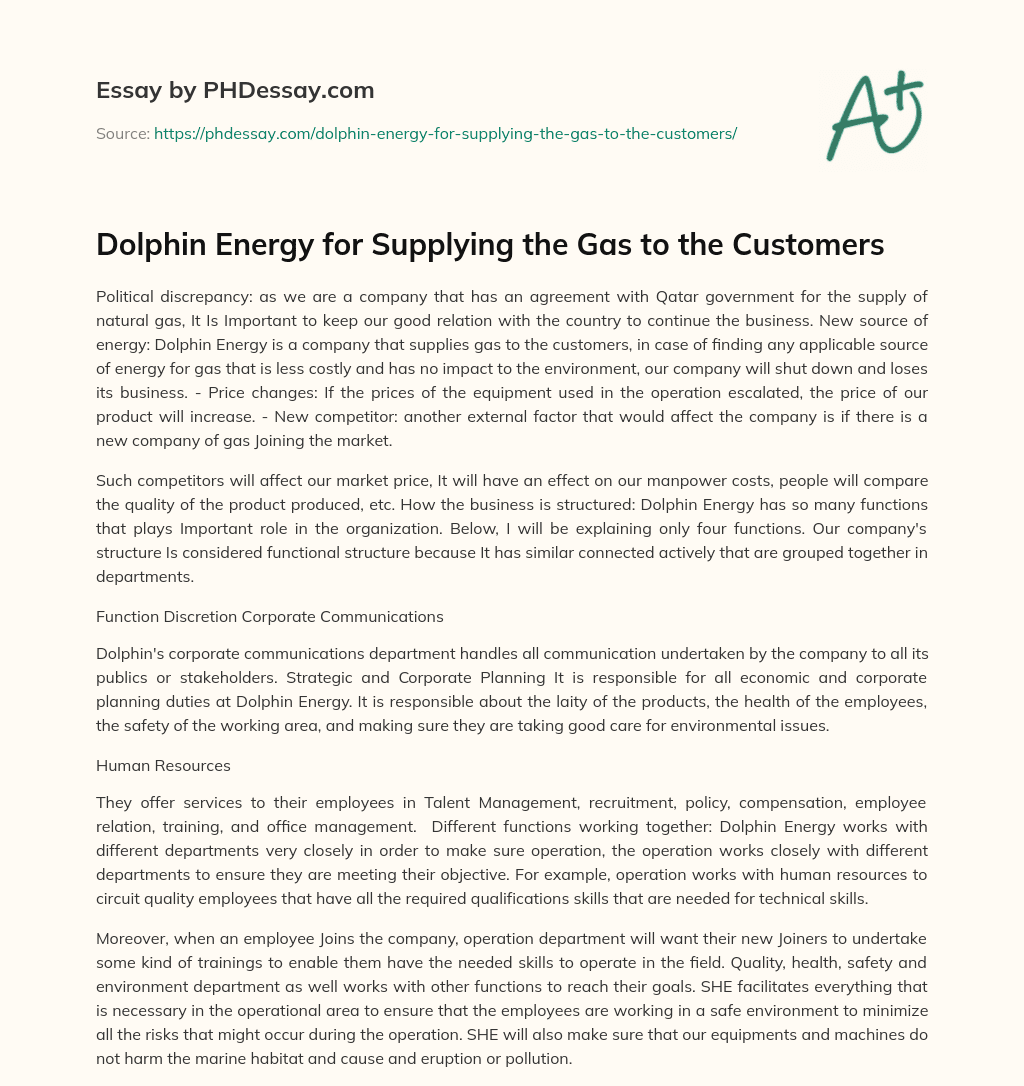 Dolphin Energy for Supplying the Gas to the Customers essay