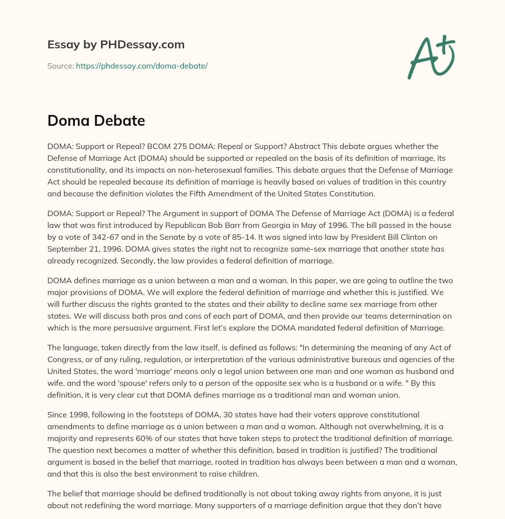 DOMA: Should it be Repealed essay
