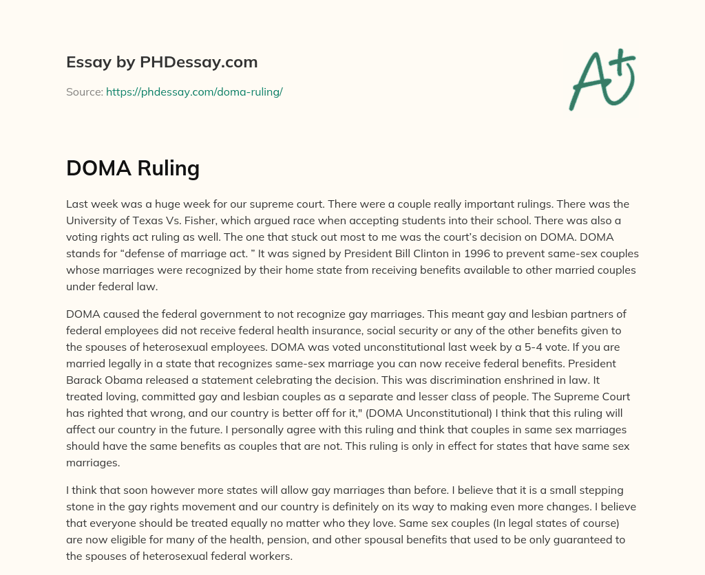 DOMA Struck Down by Supreme Court, Gay Couples Now Eligible for Federal Benefits essay