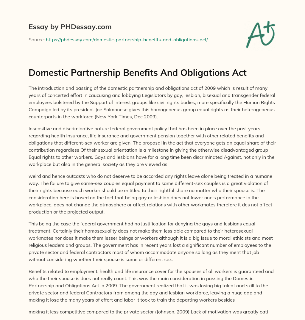 Domestic Partnership Benefits And Obligations Act essay