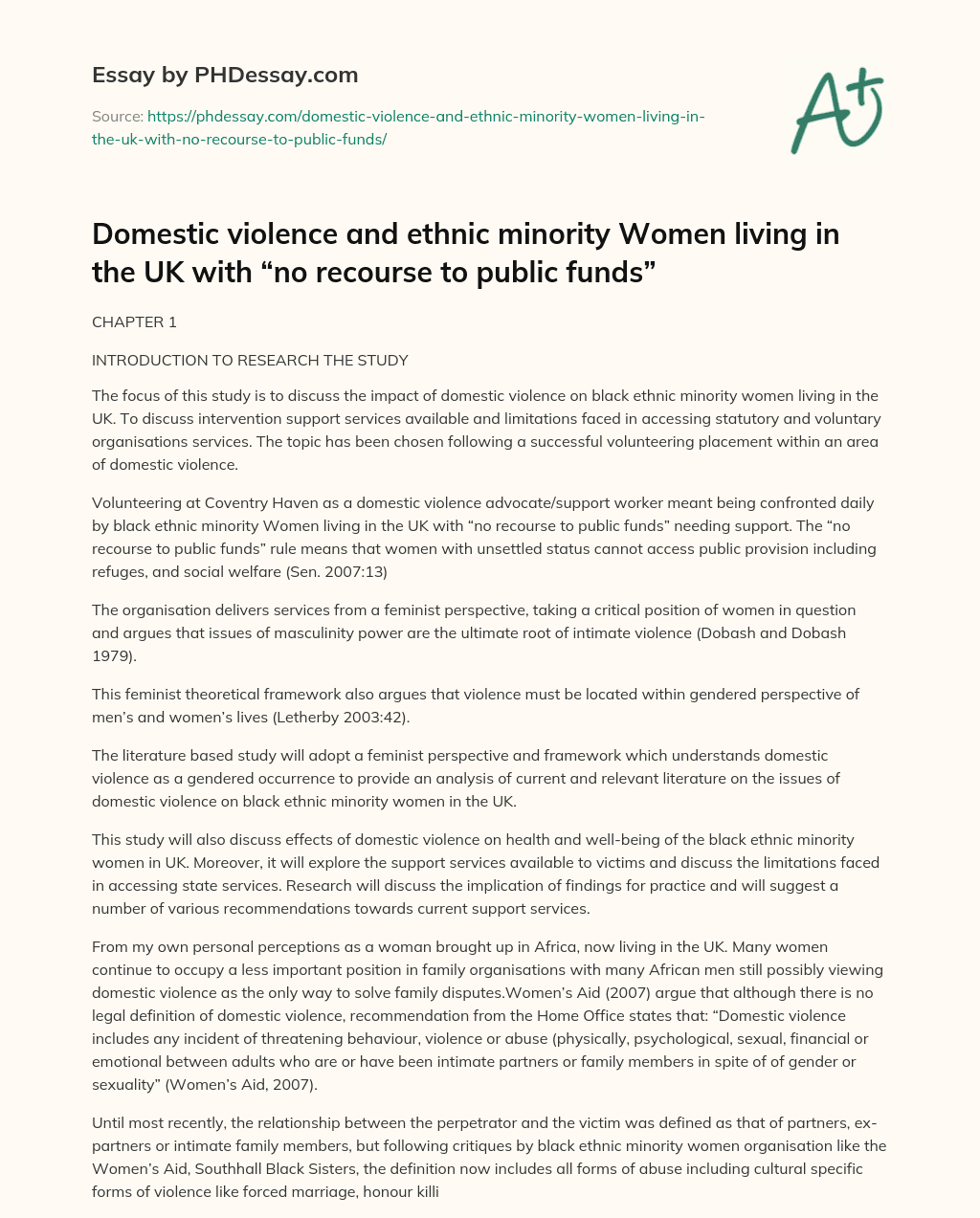 Domestic violence and ethnic minority Women living in the UK with “no recourse to public funds” essay