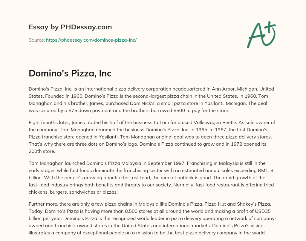 Domino’s Pizza, Inc essay