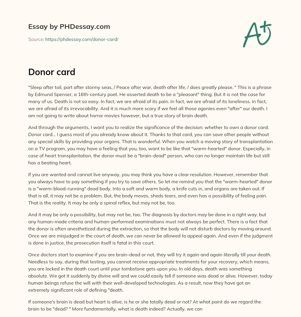 The Importance of Donor Cards: Saving Lives Through Organ Donation essay