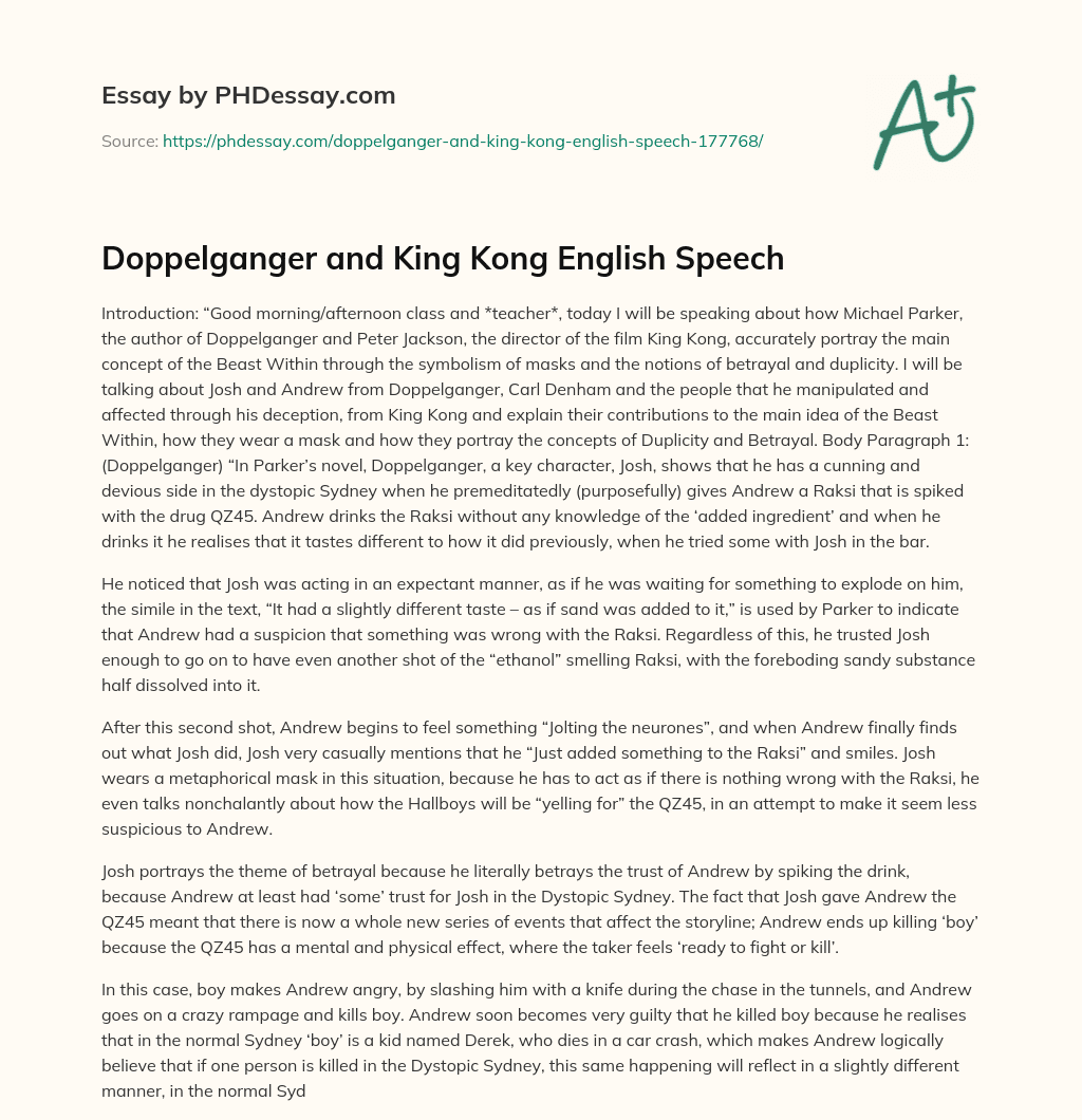 Doppelganger and King Kong English Speech essay