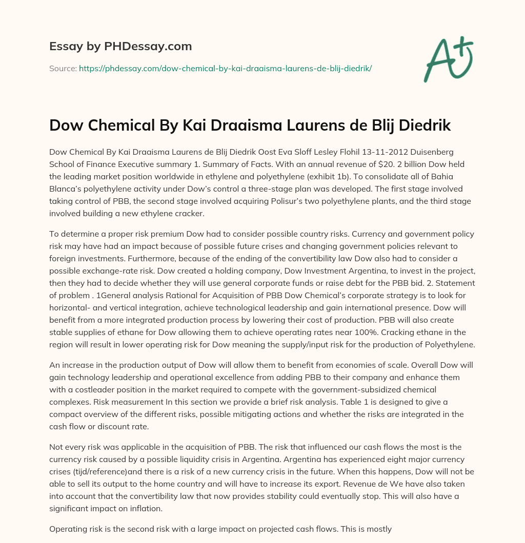 Dow Chemical By Kai Draaisma Laurens de Blij Diedrik essay