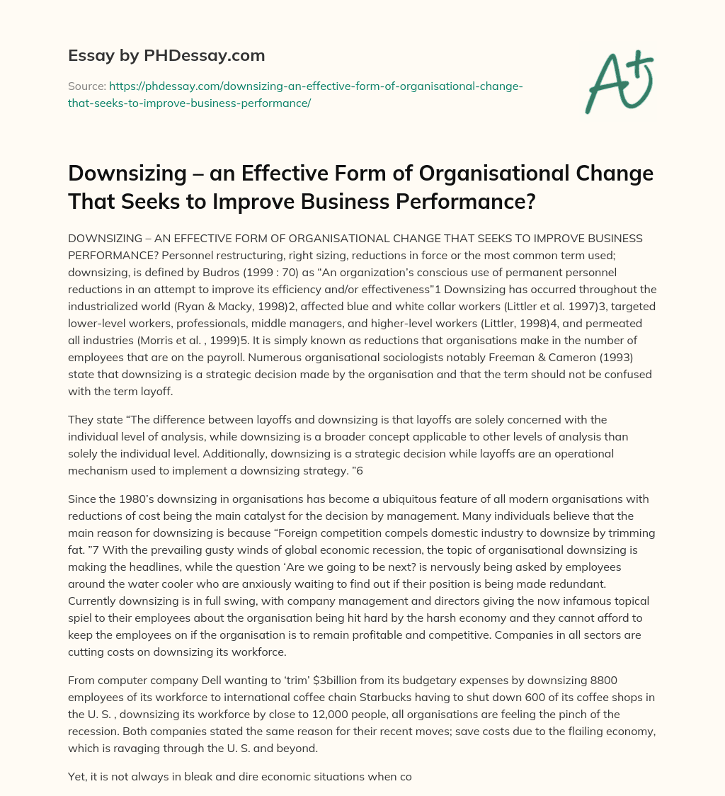 Downsizing – an Effective Form of Organisational Change That Seeks to Improve Business Performance? essay