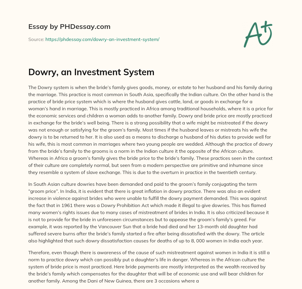 Dowry, an Investment System essay