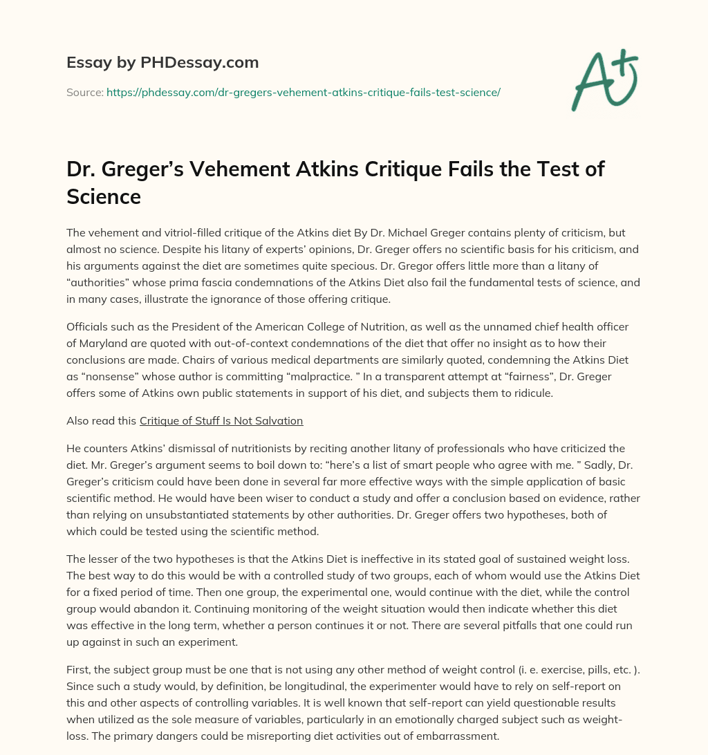 Dr. Greger’s Vehement Atkins Critique Fails the Test of Science essay