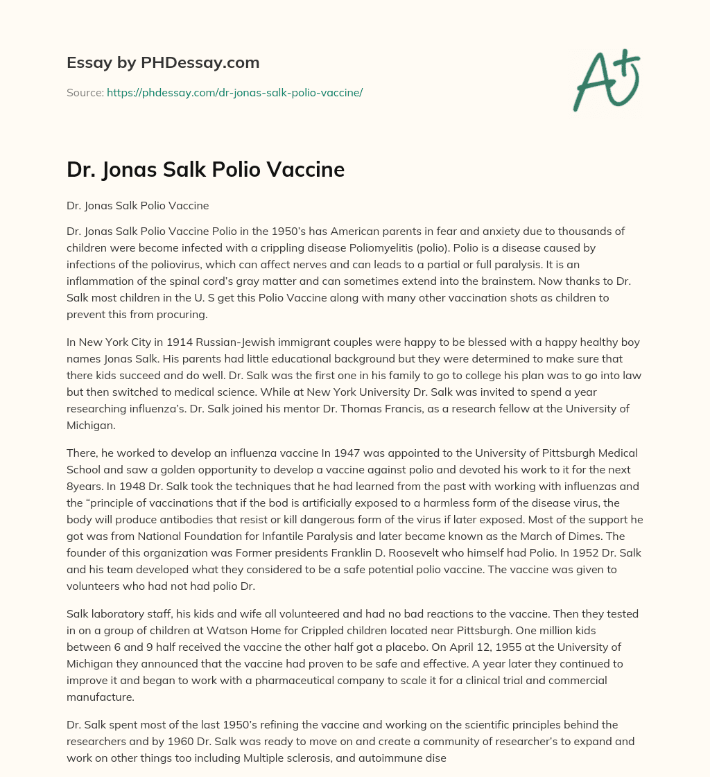 Dr. Jonas Salk Polio Vaccine essay