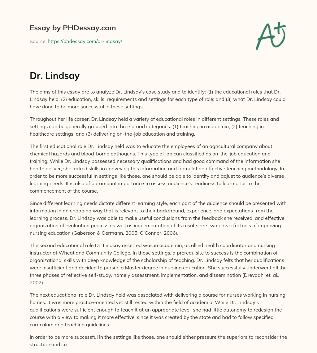 Analyzing Dr. Lindsay’s Educational Roles and How to Improve Them essay