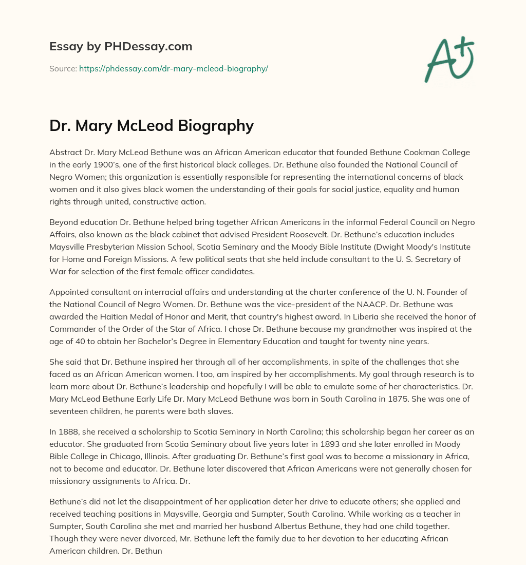 Dr. Mary McLeod Biography essay