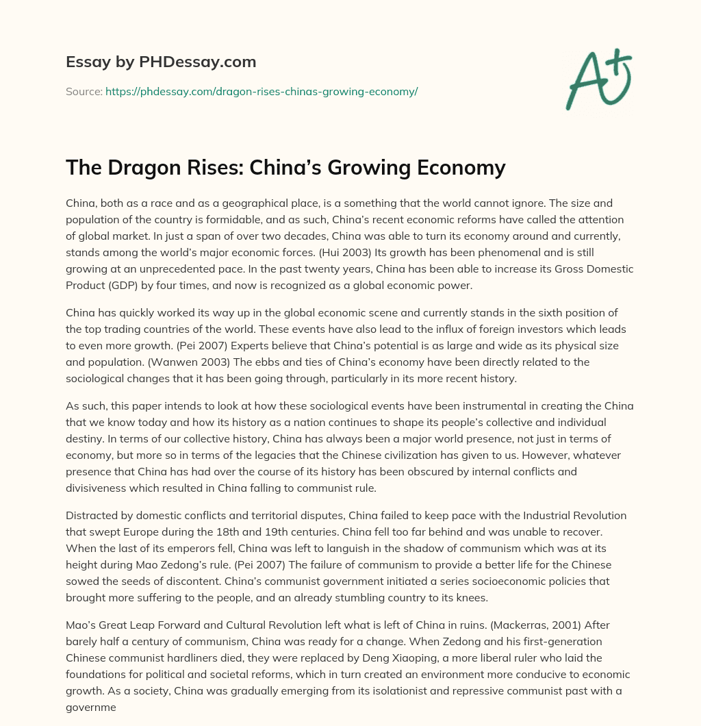 The Dragon Rises: China’s Growing Economy essay