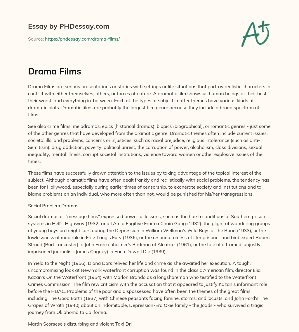 Drama Films: Portraying Realistic Characters in Conflict with Society’s Ills and Injustices essay