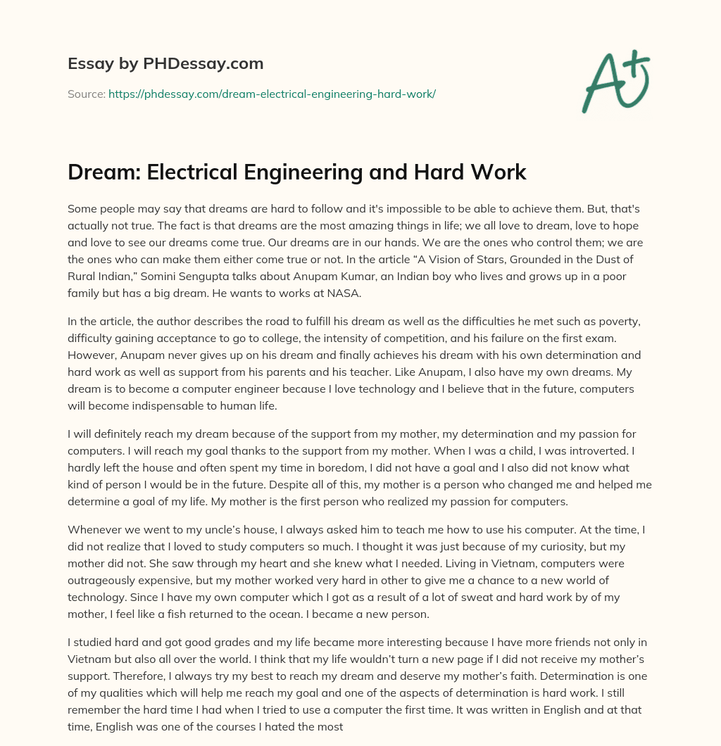 Dream: Electrical Engineering and Hard Work essay