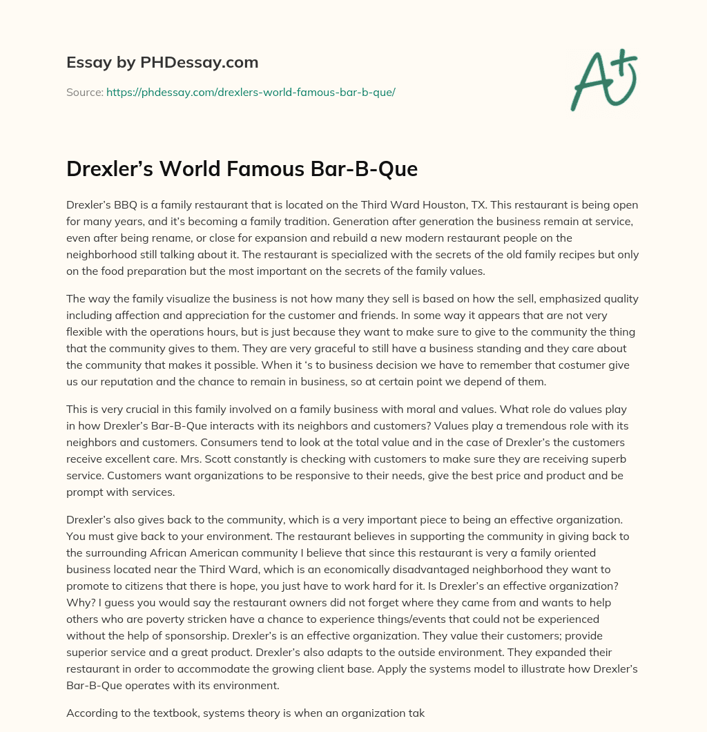 Drexler’s World Famous Bar-B-Que essay