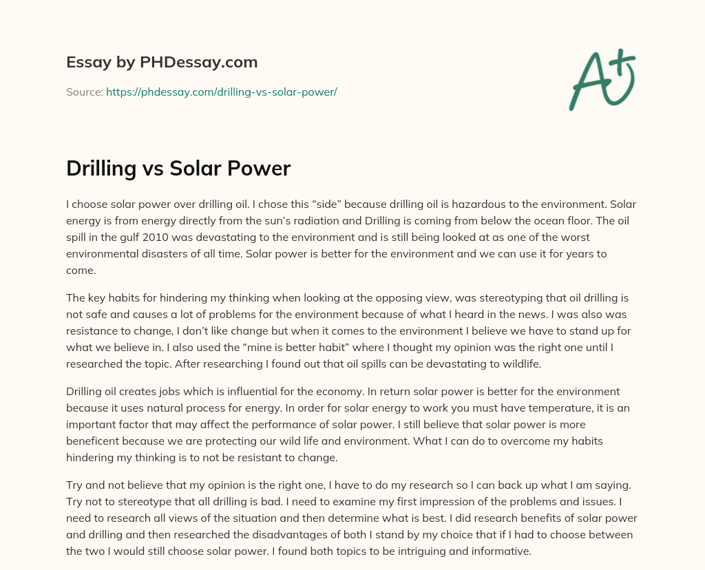 Drilling vs Solar Power essay