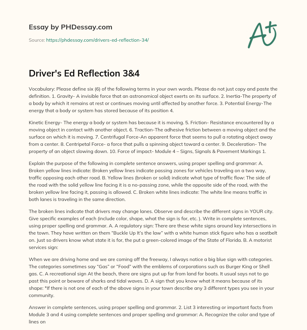 Driver’s Ed Reflection 3&4 essay