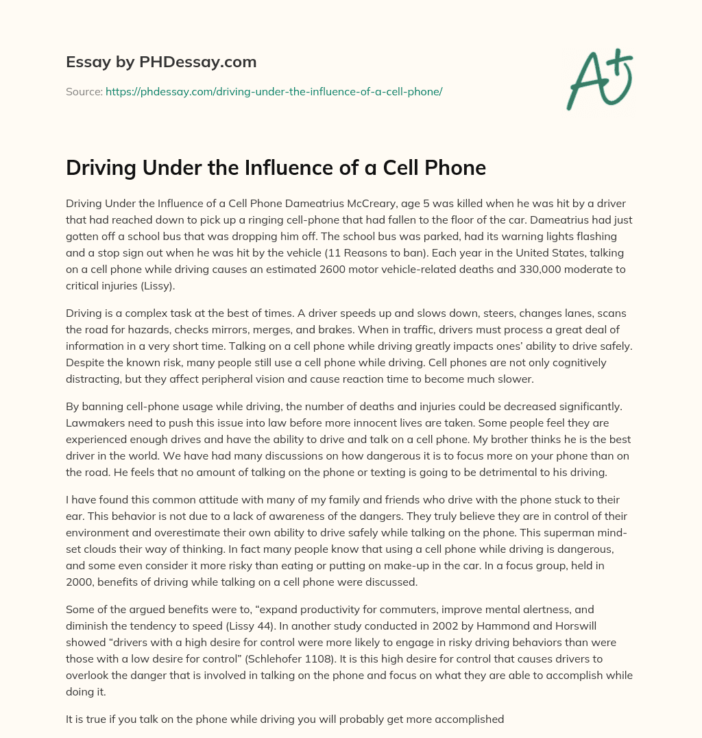 Driving Under the Influence of a Cell Phone essay