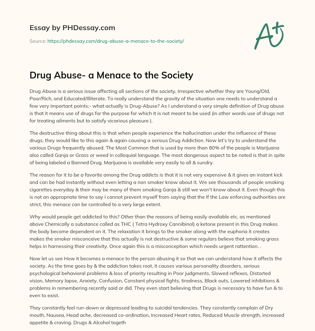 essay on drug abuse a menace to the society