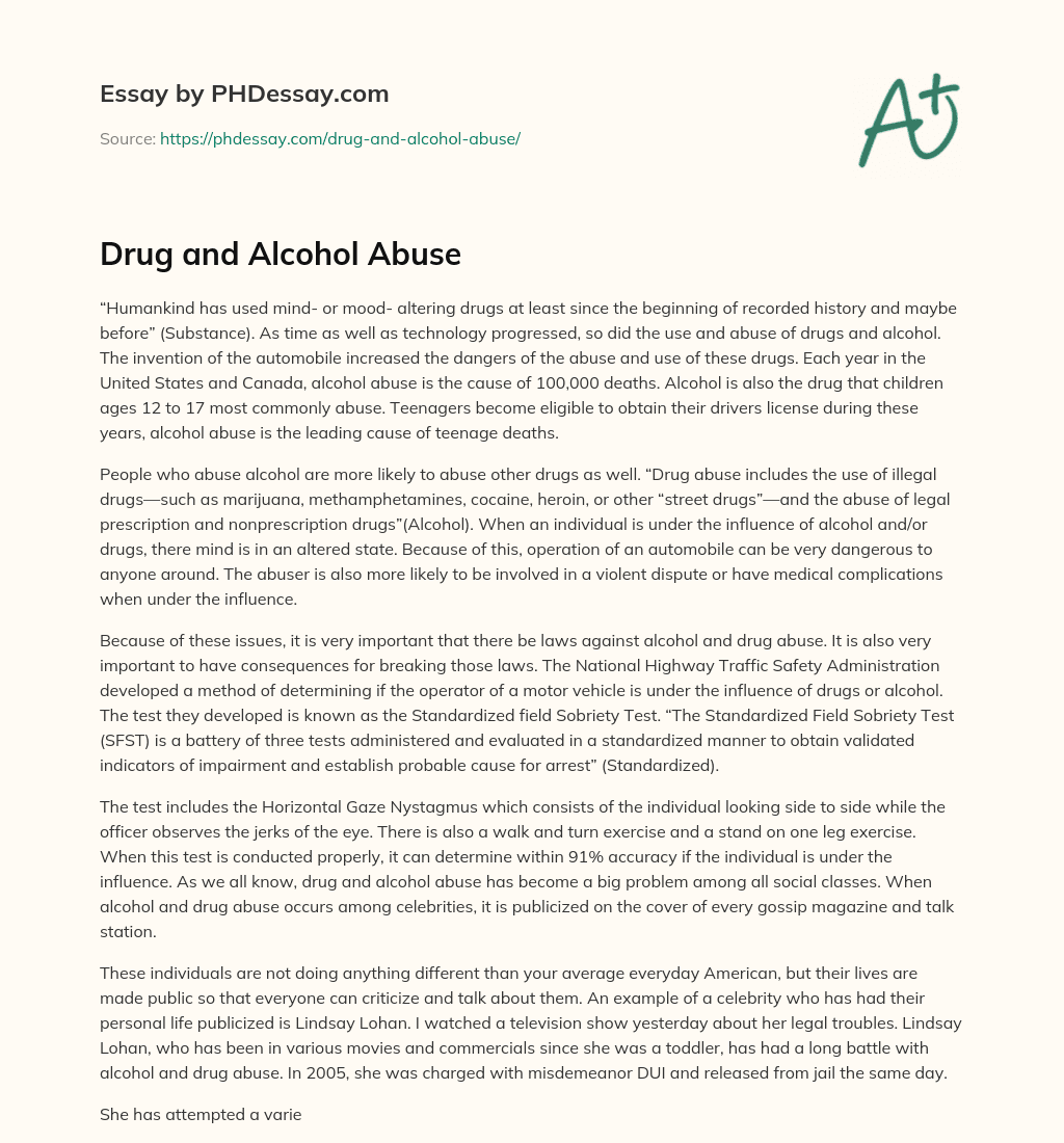 Drug and Alcohol Abuse essay