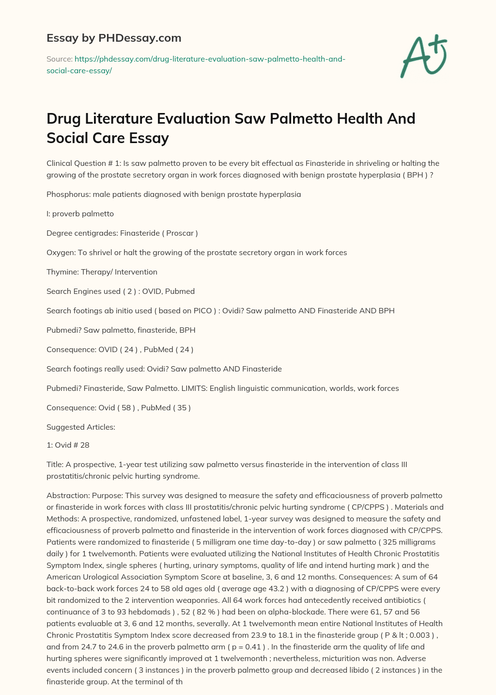 Drug Literature Evaluation Saw Palmetto Health And Social Care Essay essay