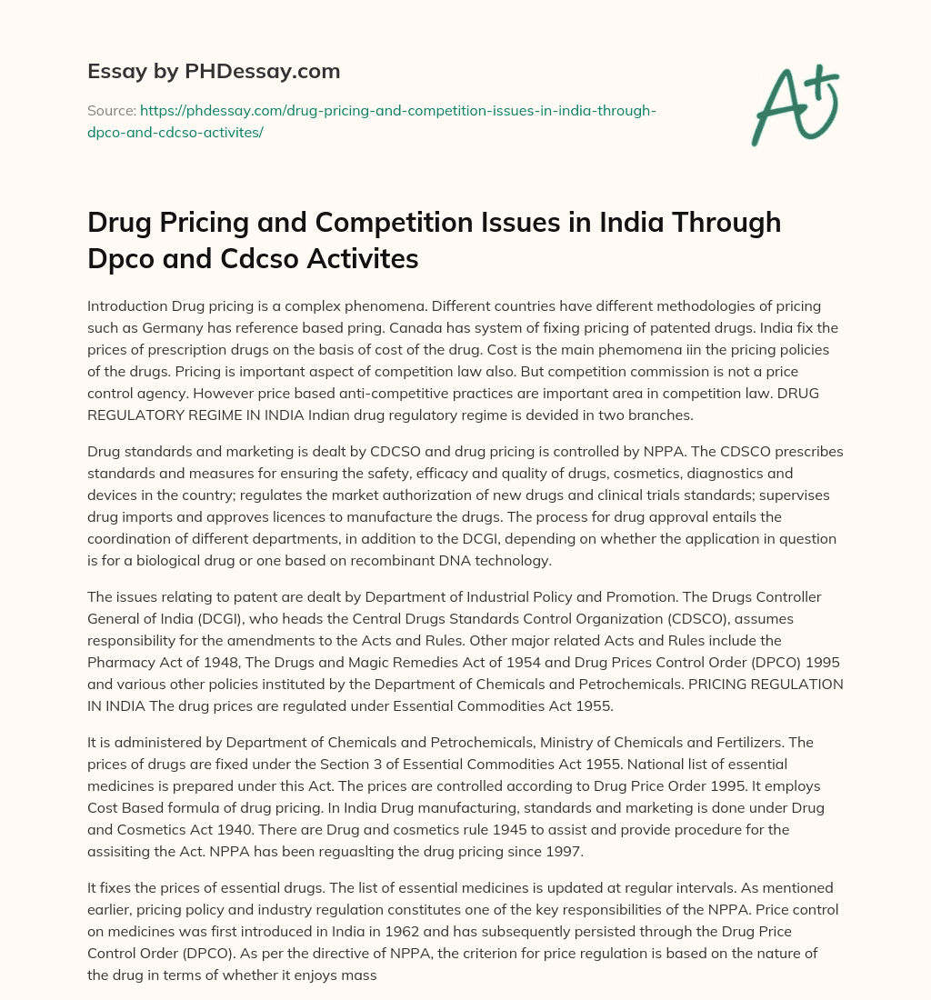 Drug Pricing and Competition Issues in India Through Dpco and Cdcso Activites essay
