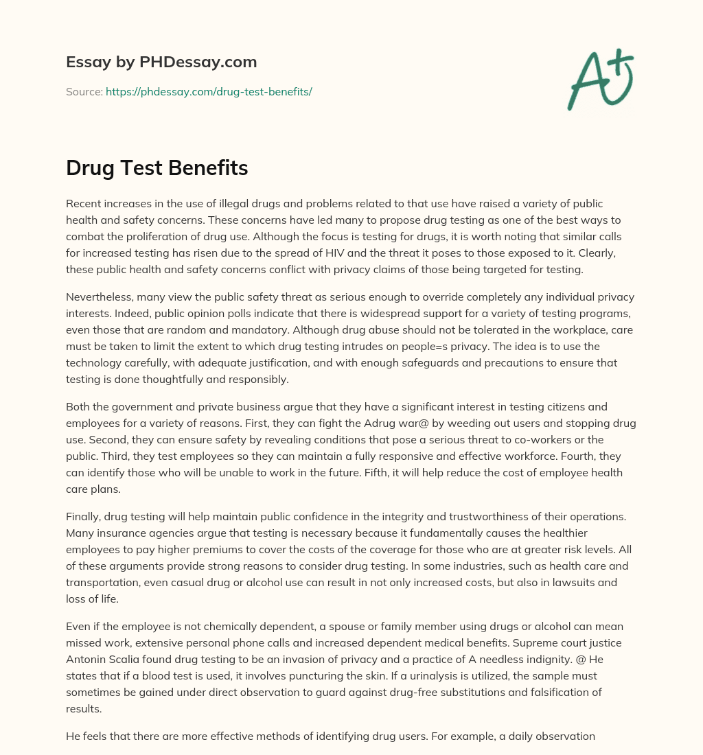 Drug Test Benefits essay