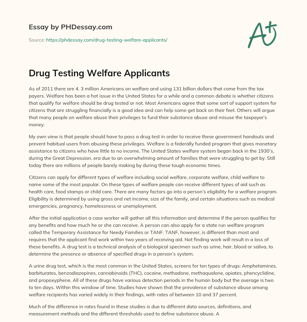 Drug Testing Welfare Applicants essay