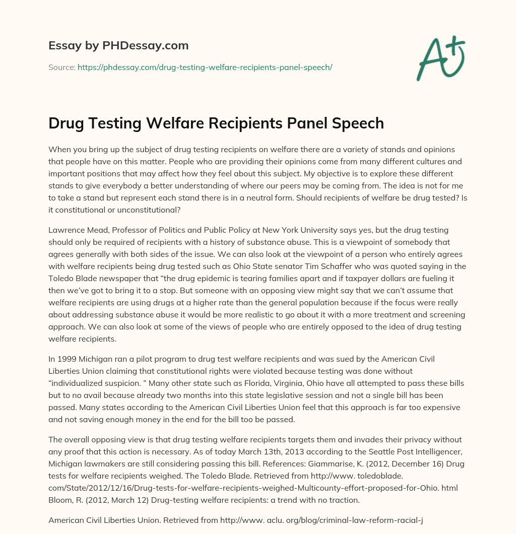Drug Testing Welfare Recipients Panel Speech essay