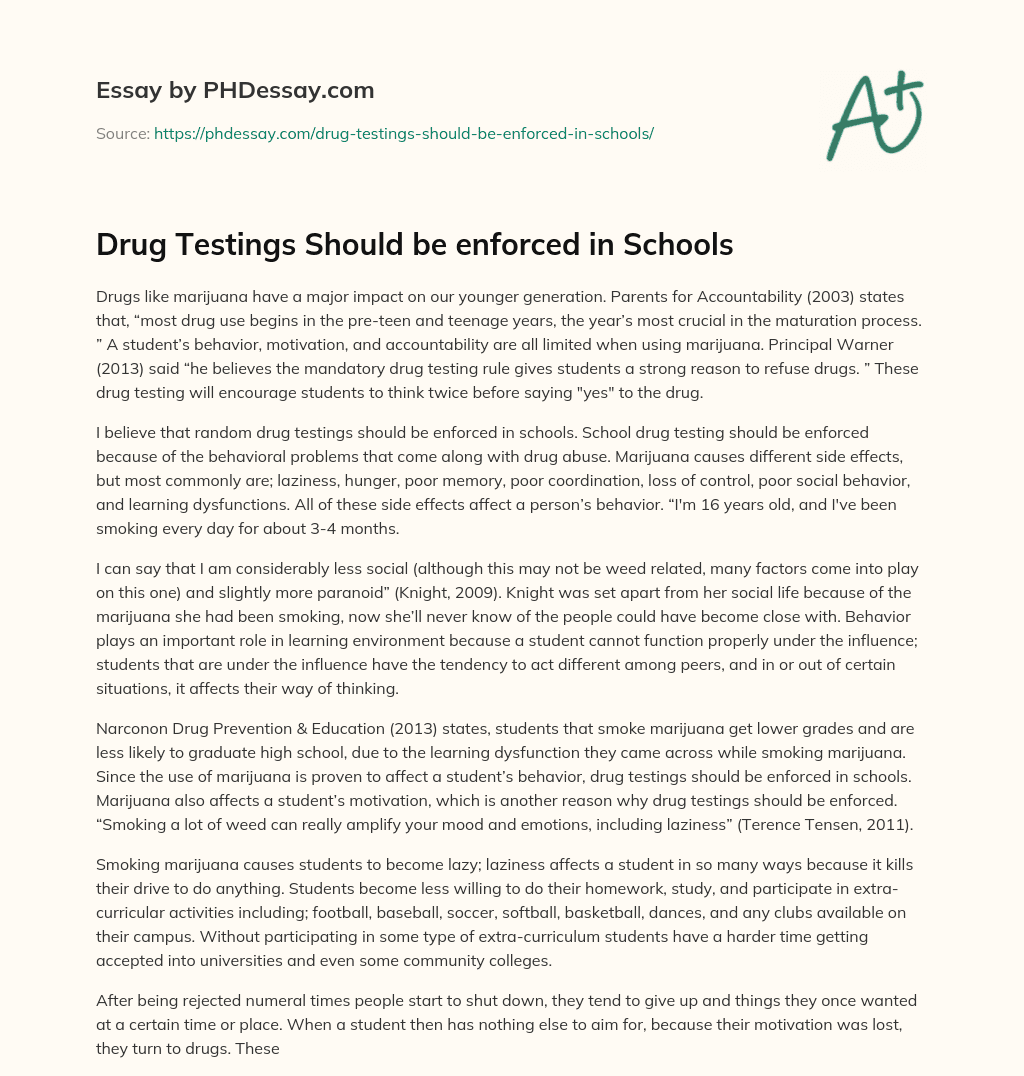 Drug Testings Should be enforced in Schools essay