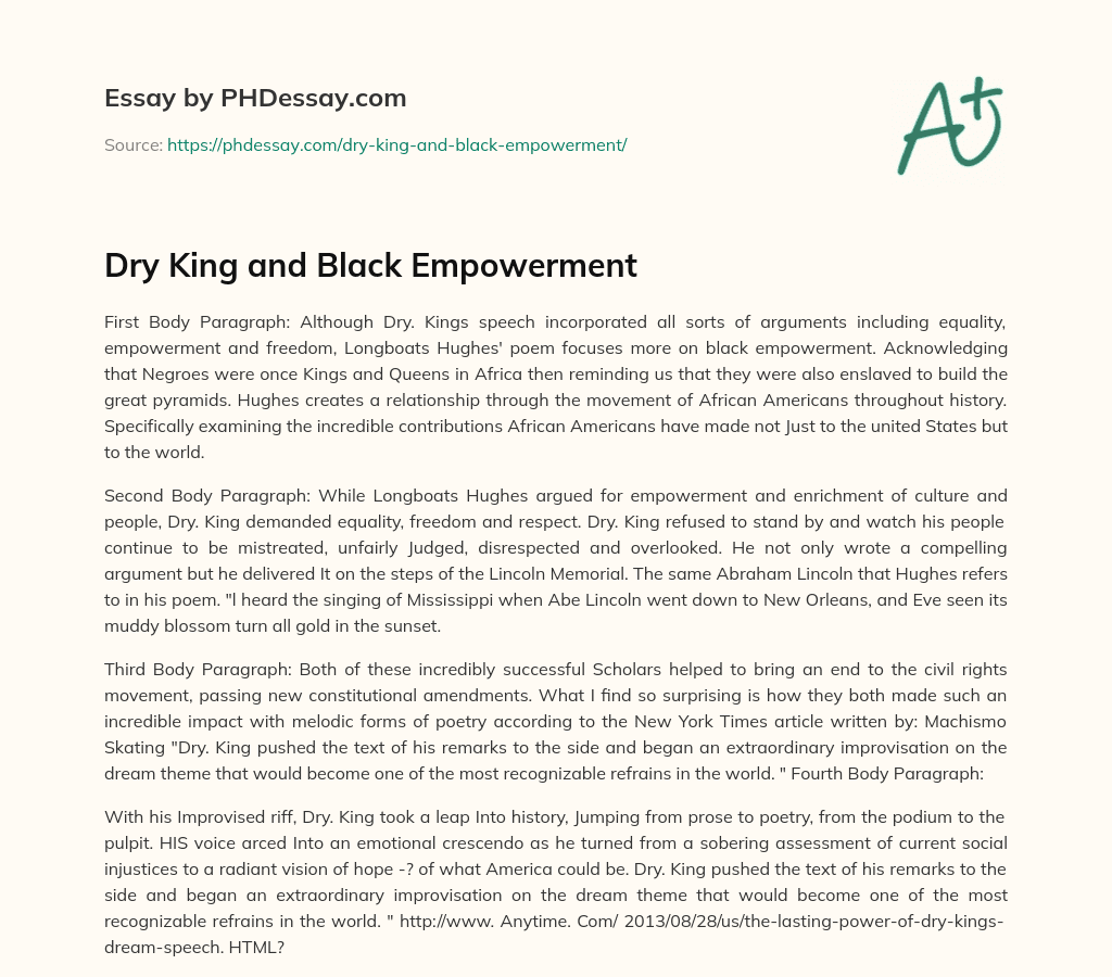 Dry King and Black Empowerment essay