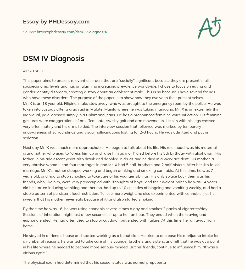 DSM IV Diagnosis essay