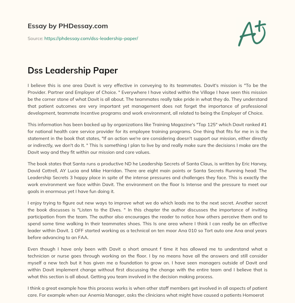 Dss Leadership Paper essay