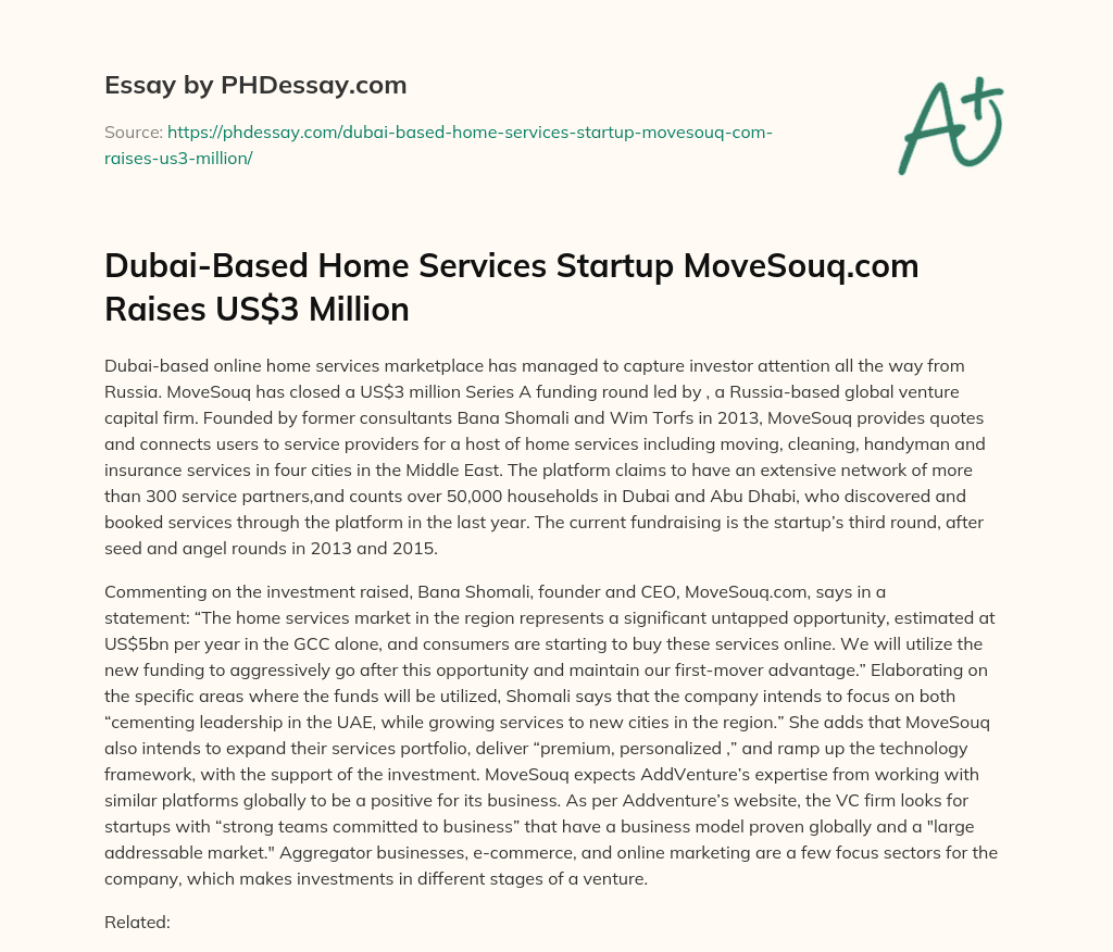 Dubai-Based Home Services Startup MoveSouq.com Raises US$3 Million essay