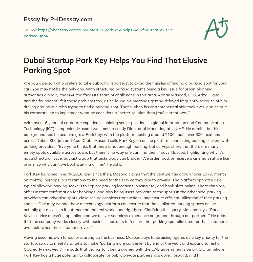 Dubai Startup Park Key Helps You Find That Elusive Parking Spot essay