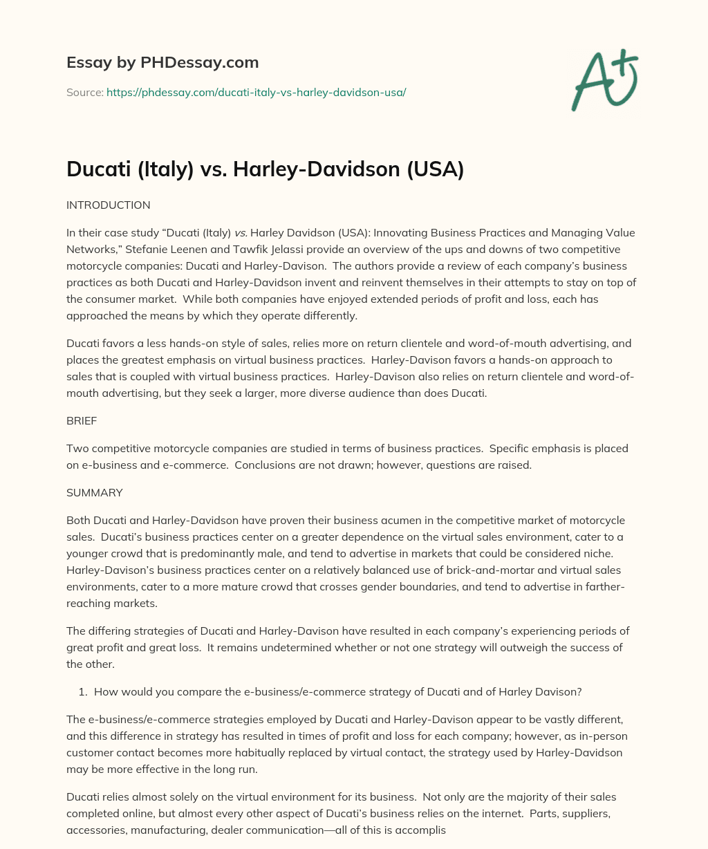 Ducati (Italy) vs. Harley-Davidson (USA) essay