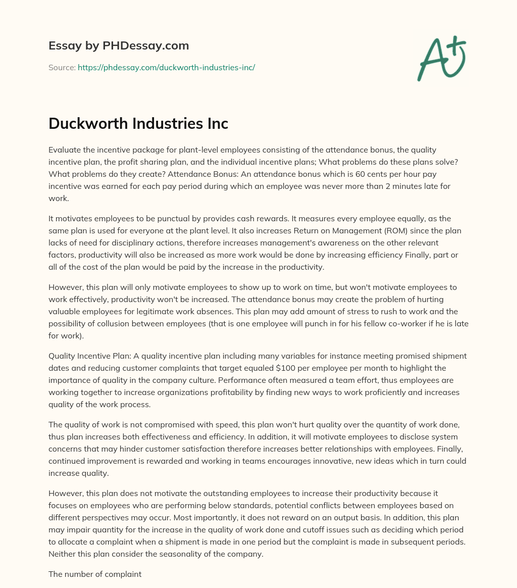 Duckworth Industries Inc essay