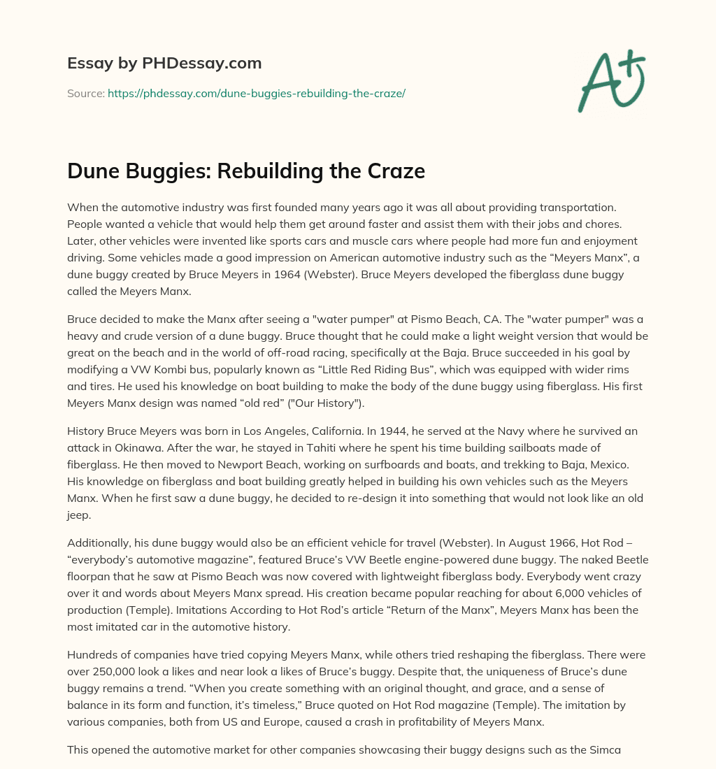Dune Buggies: Rebuilding the Craze essay