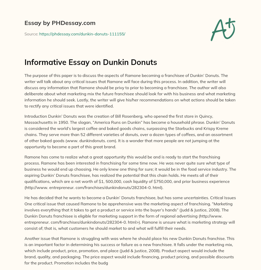 Informative Essay on Dunkin Donuts essay