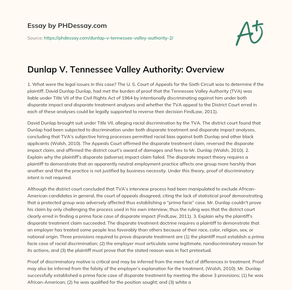 Dunlap V. Tennessee Valley Authority: Overview essay