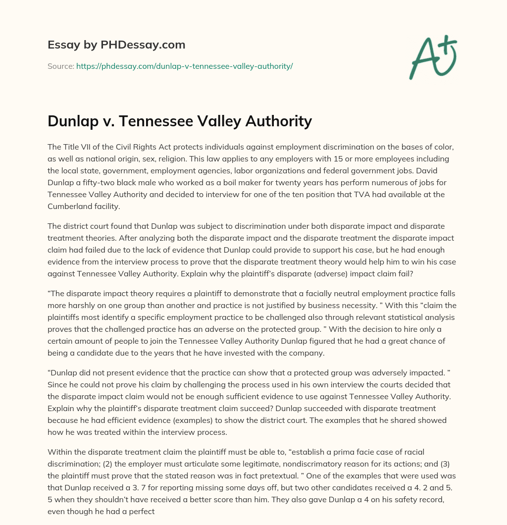 Dunlap v. Tennessee Valley Authority essay