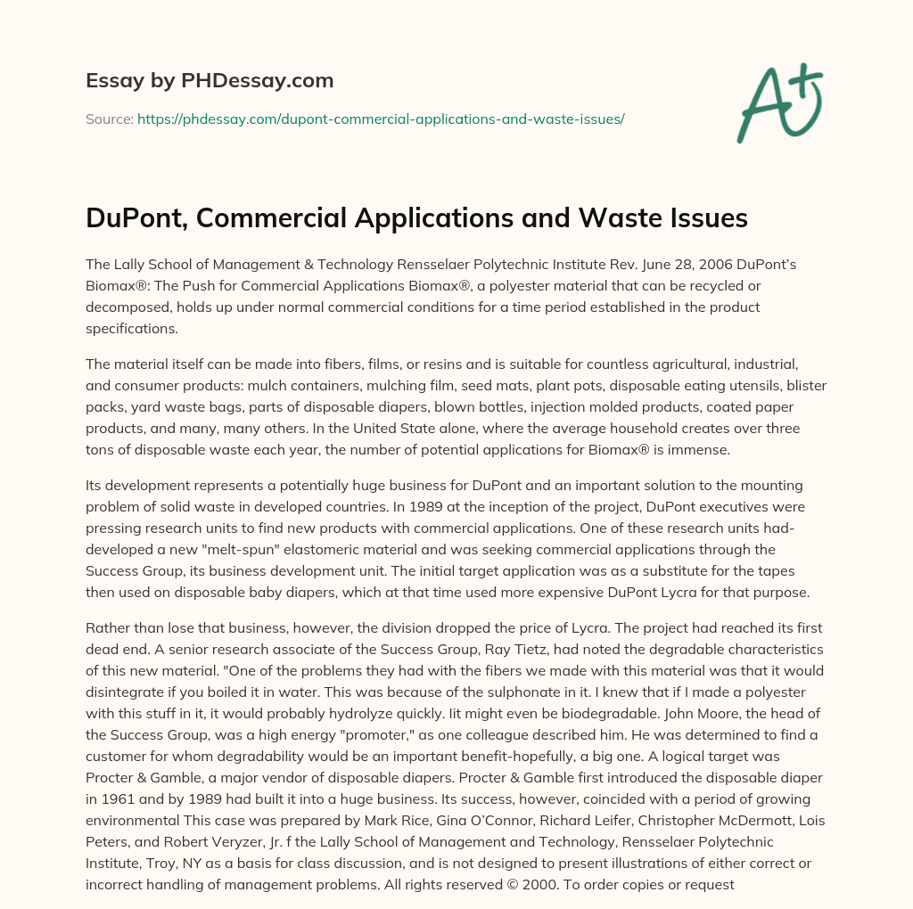 DuPont, Commercial Applications and Waste Issues essay