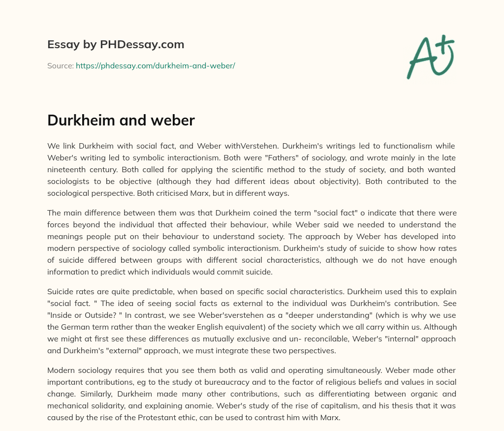 Durkheim and weber essay