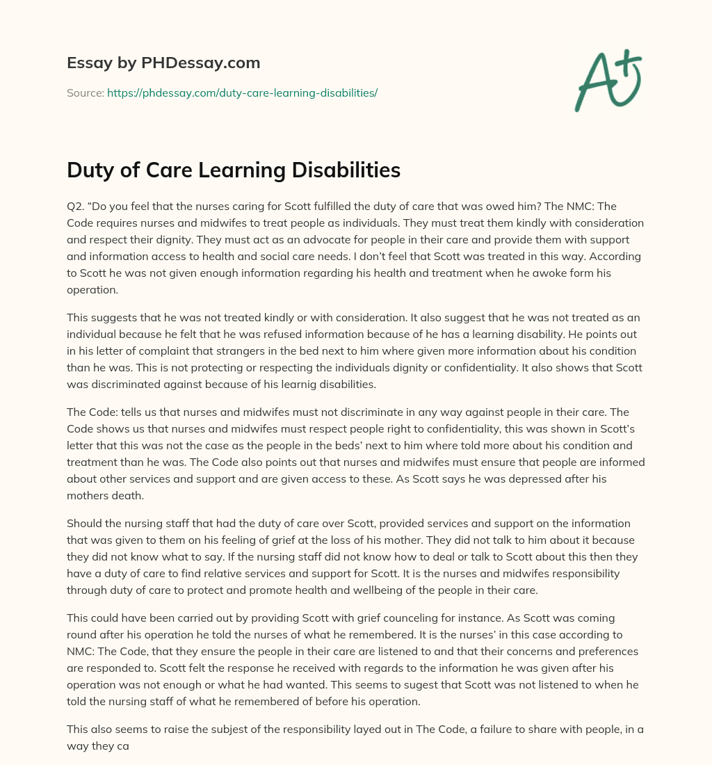 Duty of Care Learning Disabilities essay