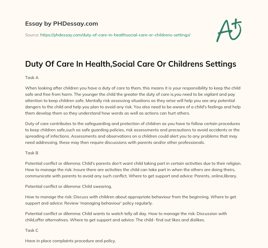 Duty Of Care In Health,Social Care Or Childrens Settings essay